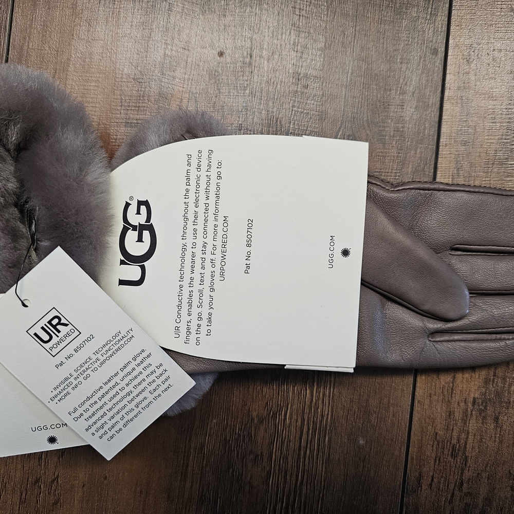 UGG Gray Gloves with Fur Trim and Soft Suede Material - Picture 3 of 5